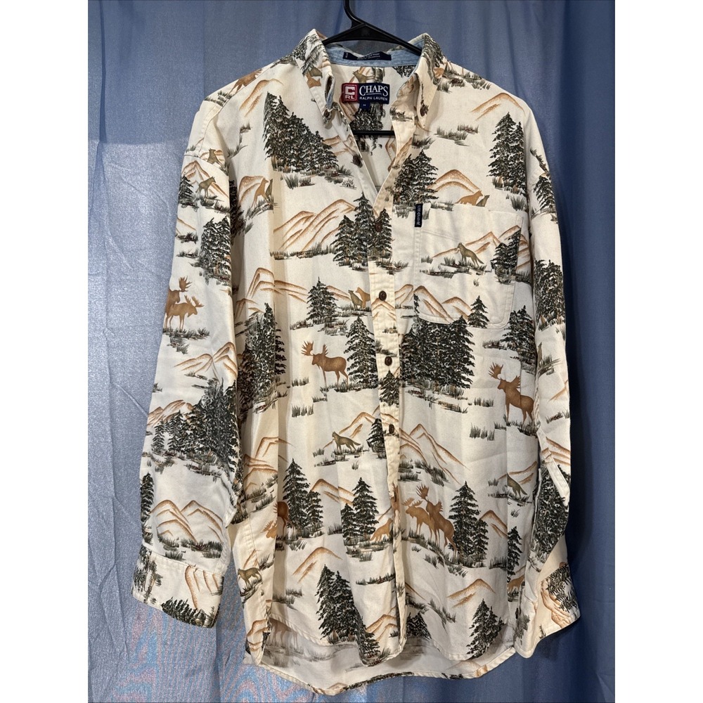 Vintage Chaps Ralph Lauren Nature Scenic Moose Medium Button Long Sleeve Shirt